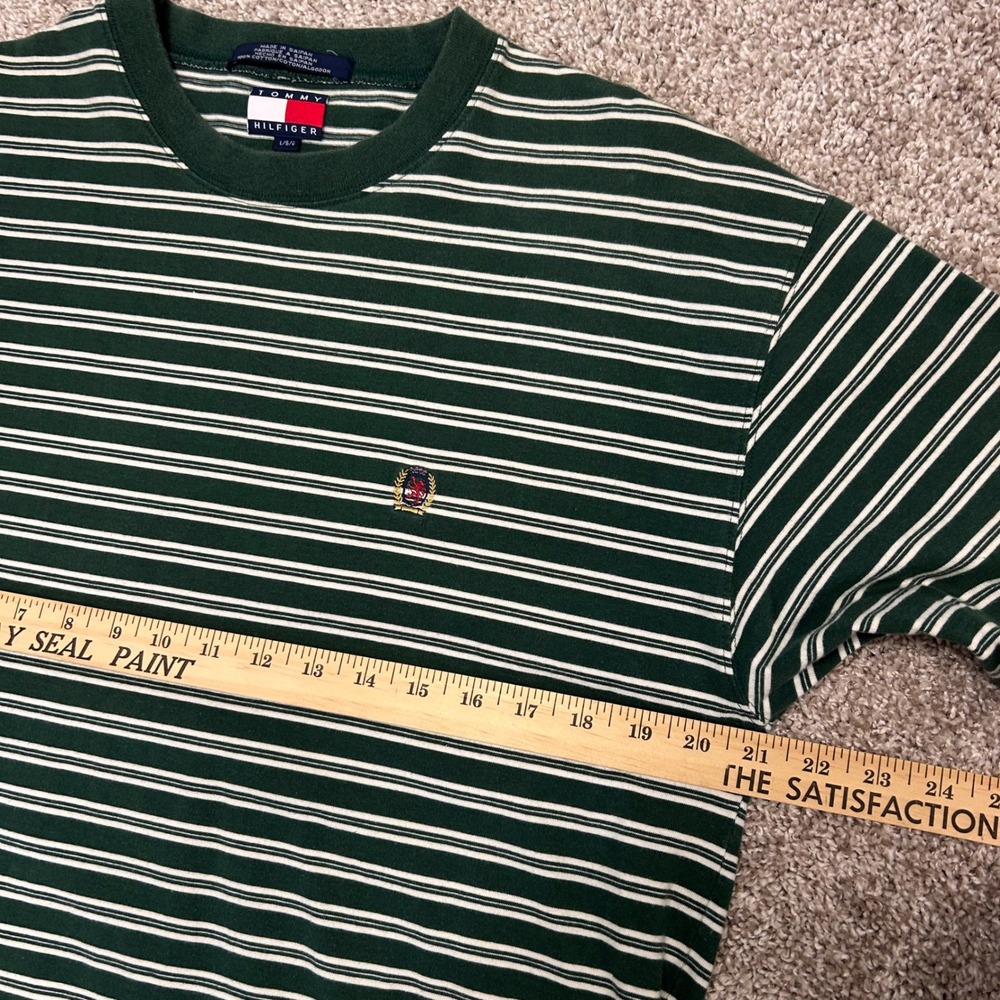 Vintage 90s Tommy Hilfiger Striped Tshirt Crest Men Size Large Green Crewneck - Picture 3 of 7